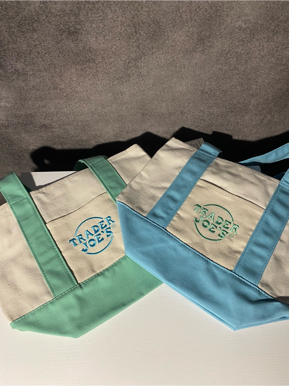 NWT Trader Joe's Mini Canvas Tote Bag Set of 2 Green Blue Limited Edition